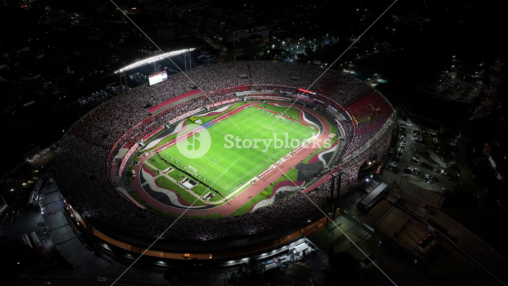Sao Paulo, Brazil - 5.26.2025 - Morumbi Stadium At Sao Paulo In Sao Paulo Brazil. Night Skyline. Modern Football Stadium Overlooking A Dense Downtown City.