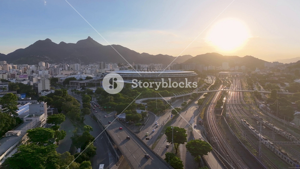 Rio De Janeiro, Brazil - 7.4.2026 - Maracana Stadium At Rio De Janeiro In Rio De Janeiro Brazil. Falsomodern Football Stadium Overlooking A Dense Downtown City. Sunset Cities Of The World. Landmark Downtown.
