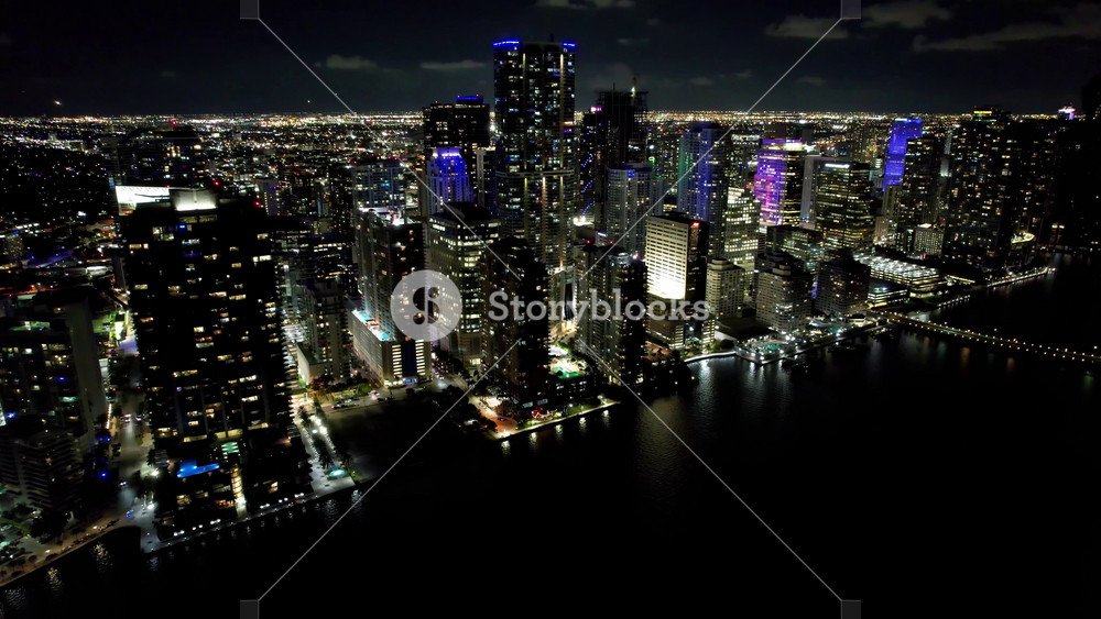 Nightscape In Miami Florida United States. Aerial View Of A High-Rise Buildings And Traffic Showcasing Urban Life. Night Street Downtown Cityscape. Night Outdoors Panorama. Miami Florida.