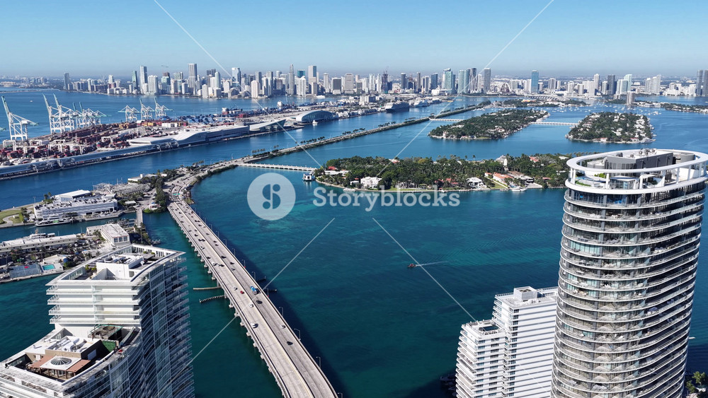 Miami Beach Skyline At Miami Beach In Florida United States. Urban Beach. Bay Water Scenery. Downtown City. Miami Beach Skyline In Florida United States. Peaceful Landscape.