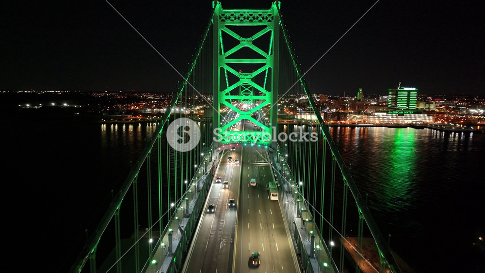 Benjamin Franklin Bridge At Philadelphia In Pennsylvania United States. City At Night Scene. Illuminated Bridge Landscape. Benjamin Franklin Bridge At Pennsylvania United States. Highrise Buildings.