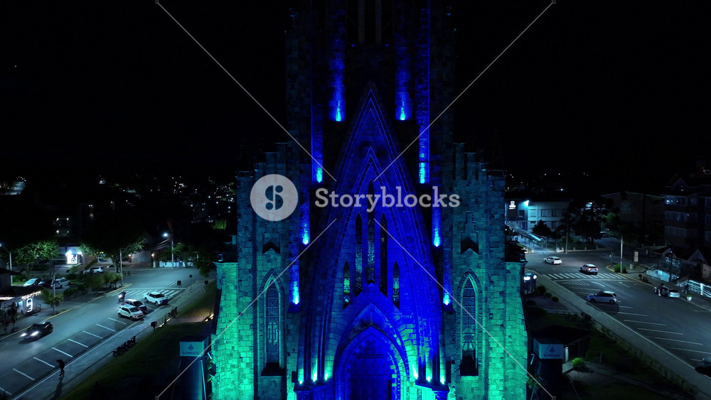 Illuminated Church At Canela Rio Grande Do Sul Brazil. Aerial View Of A High-Rise Buildings And Traffic Showcasing Urban Life. Building Industry Skyline Bird View Amazing.