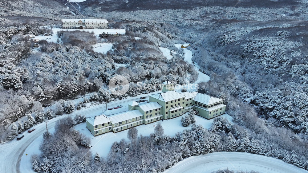 Patagonia Road In Ushuaia Tierra Del Fuego Argentina. Captivating Aerial View Of Plantations Forming Geometric Patterns. Outdoor Travel Patagonia Glacier. Exterior Patagonia Aerial.