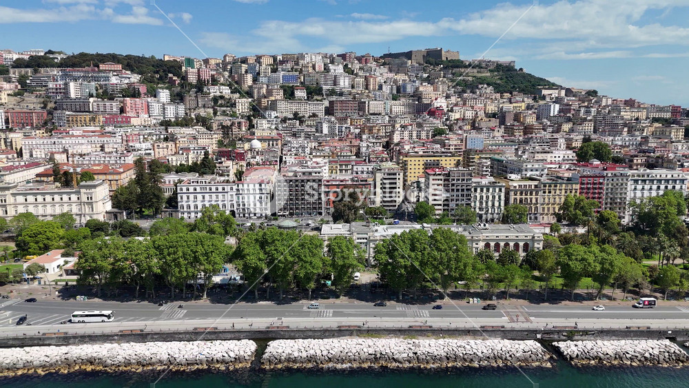 Chiaia Riviera In Naples Campania Italy. Aerial View Of A Bustling Downtown Cityscape With Modern Buildings. Downtown Cityscape. District Skyline. Naples Campania.