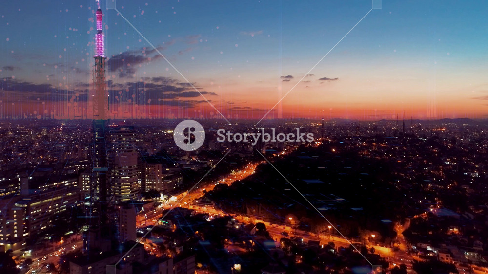 Futuristic Effect In Smart City Sao Paulo Brazil. Aerial View Of A Bustling City With High-Rise Buildings And Traffic. Town Sky Backgrounds Urban. Outdoors Backgrounds Panning Wide.