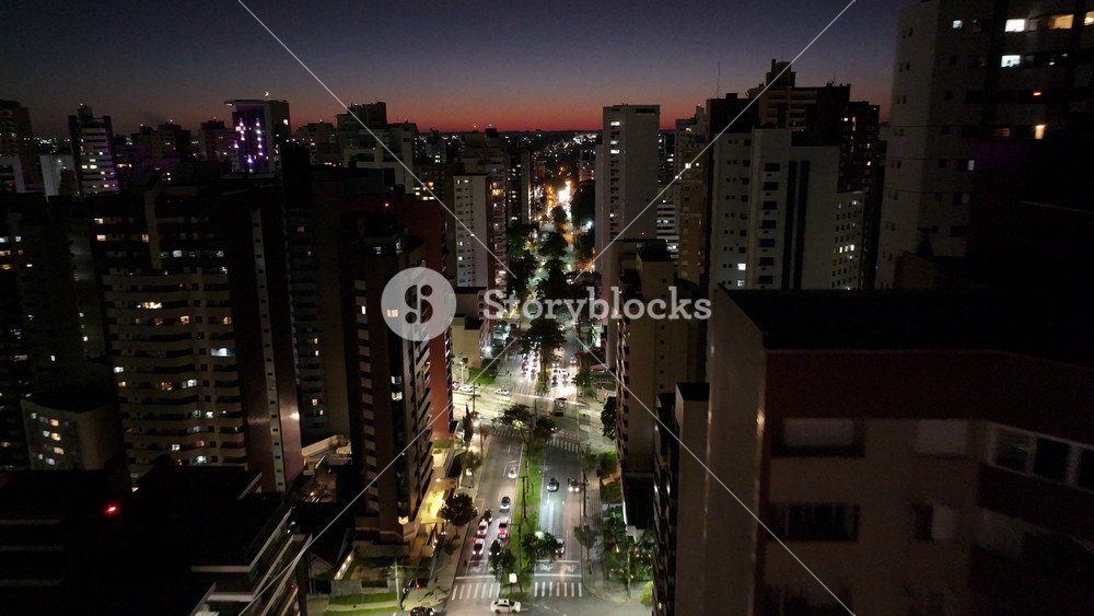Curitiba Skyline In Curitiba Parana Brazil. Aerial View Of A Bustling City With High-Rise Buildings And Traffic. Night Highway Road Downtown Cityscape. Night Exterior Downtown. Curitiba Parana.