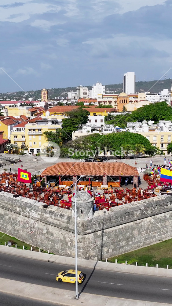 Cartagena De India, Bolivar, Colombia - 1.5.2026 - Cafe Del Mar At Cartagena De India In Bolivar Colombia. Sunny Day. Stunning Tropical Coastline Beach Scene Viewed From Above.