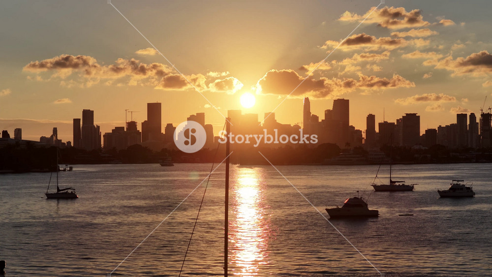 Sunset Bay At Miami Beach In Florida United States. Sunset Beach. Illuminated Cityscape. Downtown City. Sunset Bay At Miami Beach In Florida United States. Amazing Sunset Skyline.