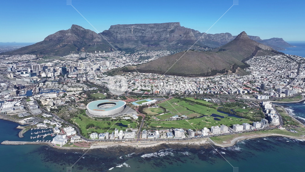 Cape Town, Western Cape, South Africa - 5.26.2025 - Green Point At Cape Town In Western Cape South Africa. Sunny Day. Birds Eye View Of Stunning Cityscape With Streets And Buildings.