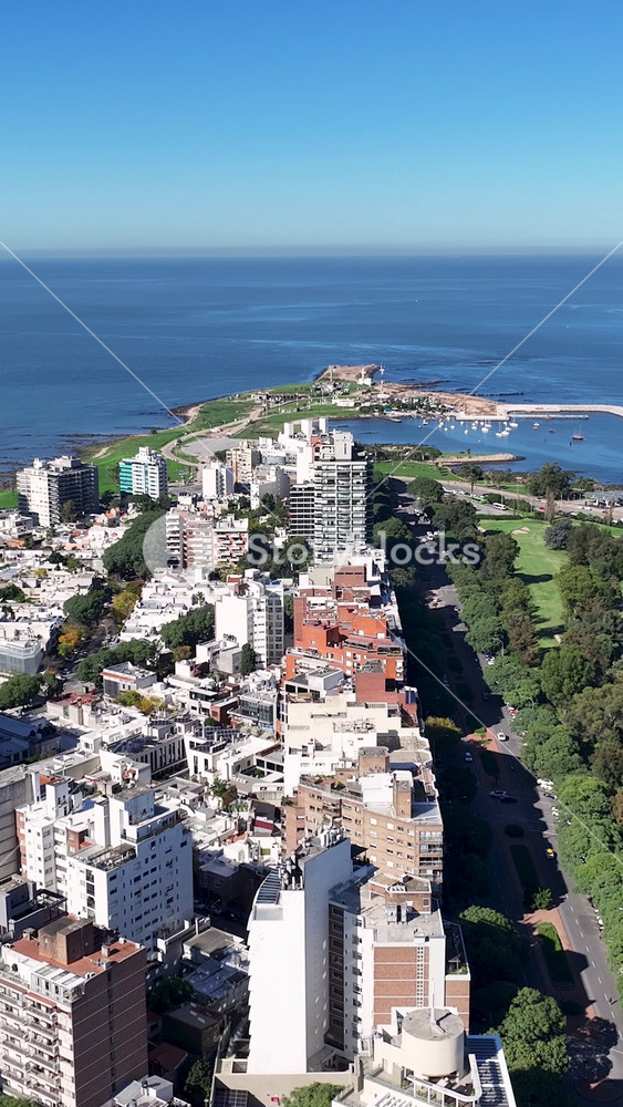 Punta Carretas Skyline In Montevideo In Maldonado Uruguay. Beach Landscape. Downtown District. Travel Destination. Punta Carretas Skyline At Montevideo In Maldonado Uruguay. Nature Seascape.