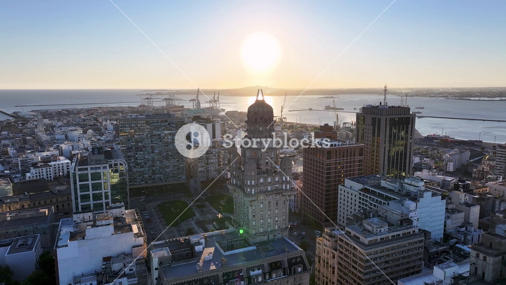 Sunset Montevideo Skyline In Montevideo Maldonado Uruguay. Breathtaking Of Federal Administration Buildings Of The Country. Sunrise Cities Of The World. Landmark Cityscape. Montevideo Maldonado.