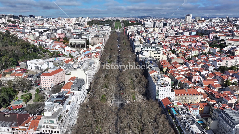 Liberty Avenue At Lisbon Lisbon Region Portugal. Birds Eye View Of Stunning Cityscape With Streets And Buildings. Metropole Landscape Panoramic City View Vibrant. Urban Panoramic City View Town.