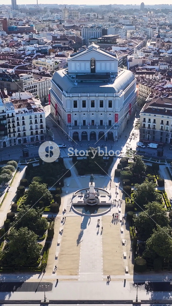 Madrid, Spain - 1.5.2026 - Royal Palace At Madrid In Comunidad De Madrid Spain. Sunny Day. Aerial View Of A Bustling Downtown Cityscape With Modern Buildings.