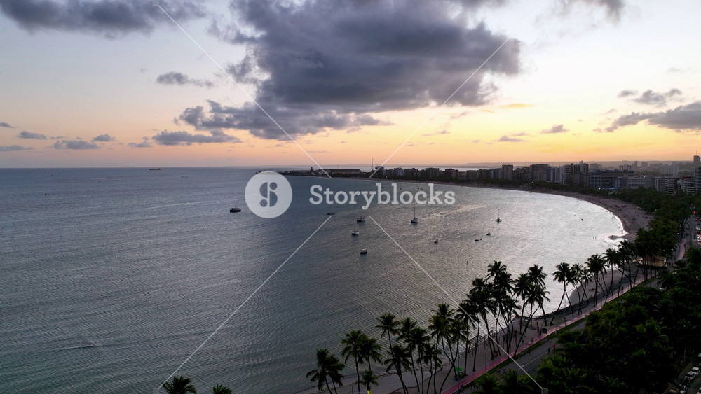 Sunset Beach In Maceio Alagoas Brazil. Bird Eye View Of A Amazing Coastal Beach In The Summer Holiday. Sunset Paradise Skyline Grateful Amazing. Sunrise. Maceio Alagoas.