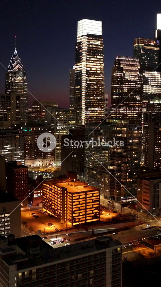 Night Downtown Philadelphia In Philadelphia Pennsylvania United States. Modern City Center With Skyscrapers Reflecting The Urban Life. Building Industrial Landscape Company Building Amazing.