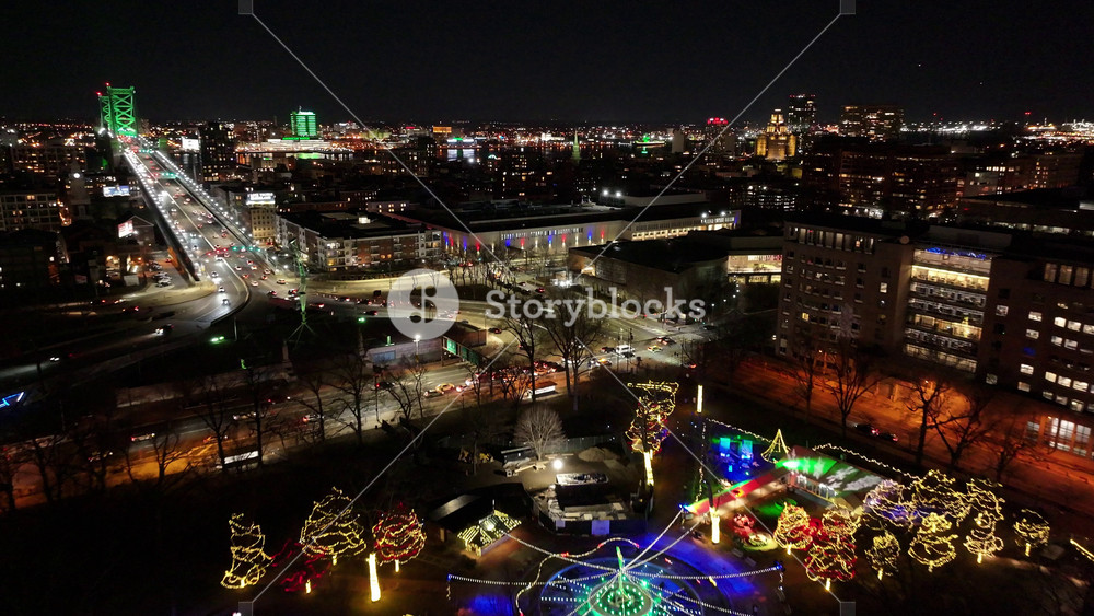 , Pennsylvania, United States - 5.17.2025 - Night In Amusement Park At Philadelphia In Pennsylvania United States. Sunny Day Philadelphia United States. Illuminated Park Landscape. Night City Scenery.