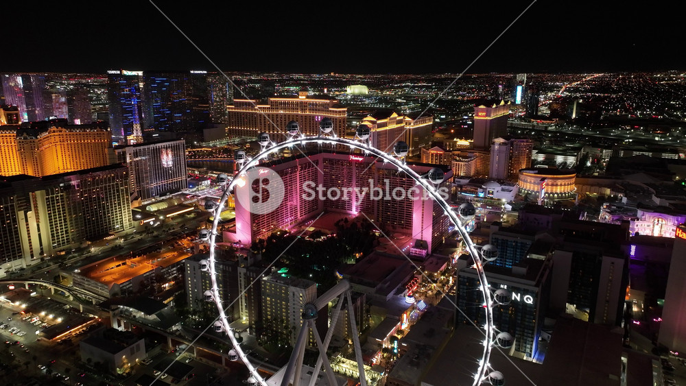 Las Vegas, Nevada, United States - 9.19.2025 - Illuminated City At Las Vegas In Nevada United States. Night Skyline. Aerial View Of A High-Rise Buildings And Traffic In Las Vegas City.