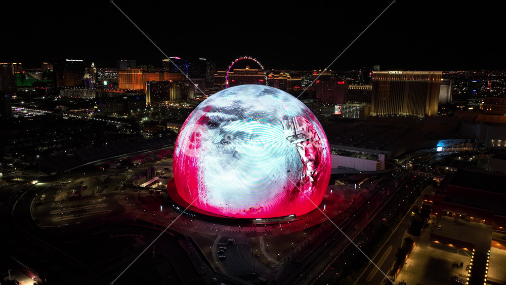 Las Vegas, Nevada, United States - 5.26.2025 - Sphere At Las Vegas In Nevada United States. Night Skyline. Aerial View Of A High-Rise Buildings And Traffic In Las Vegas City.