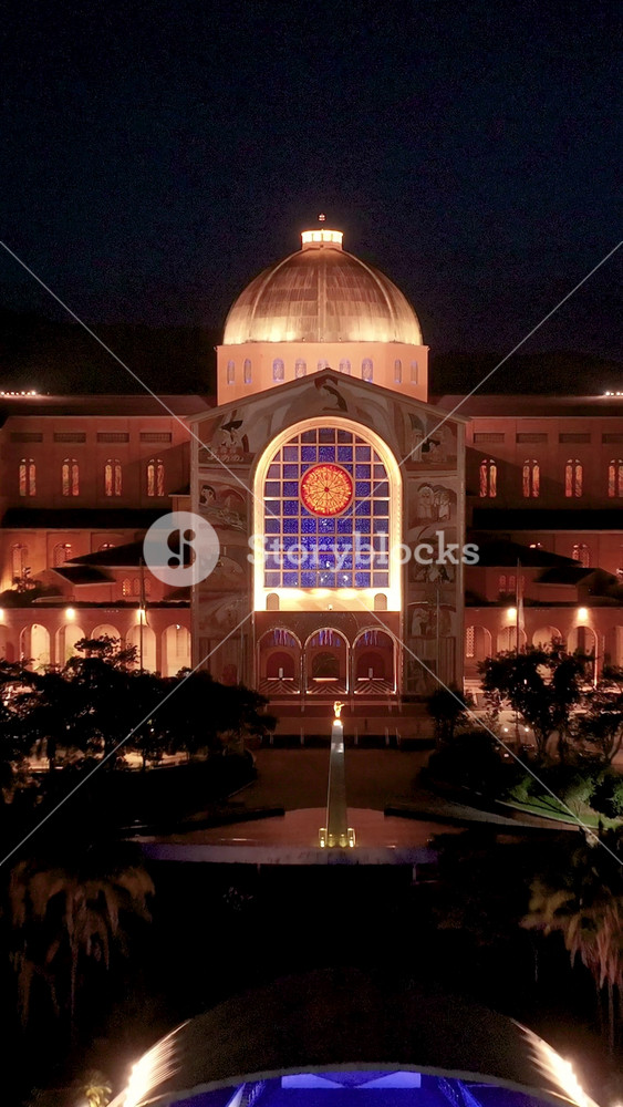 Night View Of Shrine Of Our Lady Aparecida At Aparecida In Sao Paulo Brazil. Night Religious Temple. Cultural Heritage. Aparecida At Sao Paulo Brazil. Catholic Shrine Skyline. Religion Background.