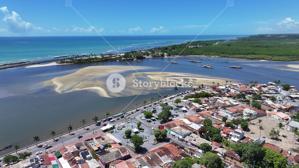 Buranhem River In Porto Seguro Bahia Brazil. Birds Eye View Of Stunning Dark River And Forest Trees. Bay Water Landscape. Landmark Beach. Porto Seguro Bahia.