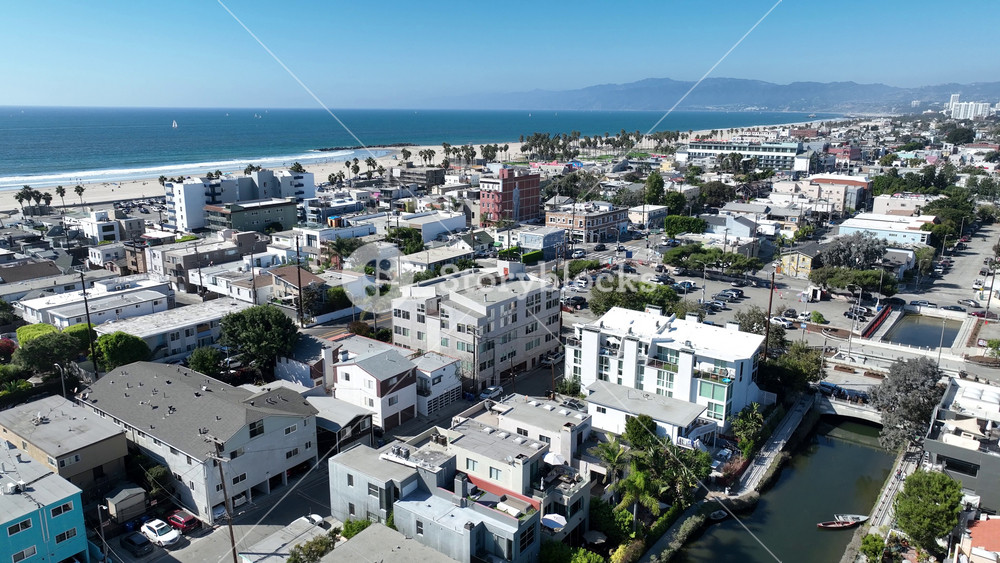 Venice Beach In Los Angeles California United States. Breathtaking Aerial View Of A Lush Tropical Coastline Scenery. Business Clouds Sky Downtown Cityscape. Drone View Downtown Famous.