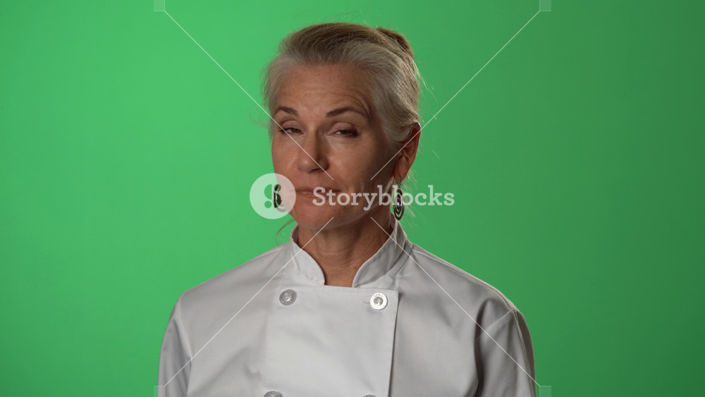 Portrait close up of a caucasian happy woman chef smiling and wearing chefs whites and giving okay sign at camera and smiling. Shot on green screen.