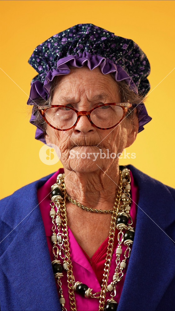 Vertical video portrait of toothless elderly senior old woman with wrinkled skin having great happy success winner isolated on yellow background. People emotions, lifestyle concept.