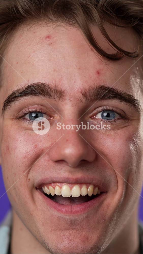 Vertical video slow motion closeup portrait of laughing smiling, happy, handsome young hipster man 20s isolated on purple color background in studio. Sincere emotions lifestyle concept.