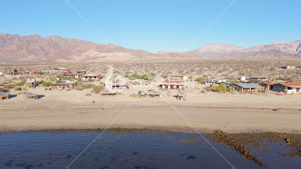Aerial morning views of campsite at Bahia De Los Angeles in Baja California, Mexico, showcasing beaches and camping spots near the water