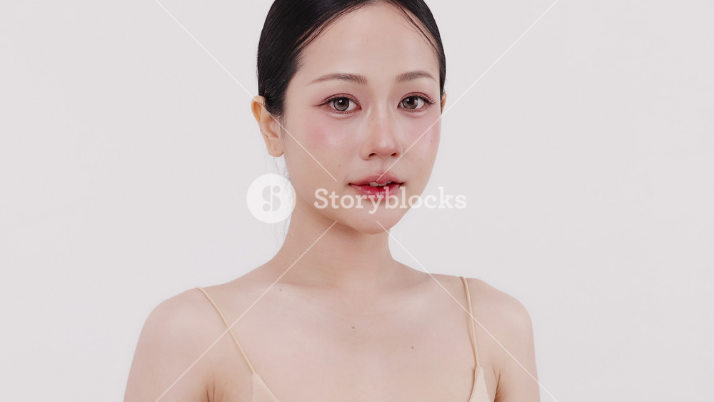 Slow motion of beautiful young Asian girl with k-beauty make up style on isolated white background for commercial beauty advertising.