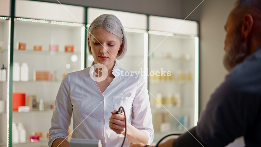 Female pharmacist measuring blood pressure for senior patient in bright drugstore cashier closeup. Young doctor using tonometer assessing