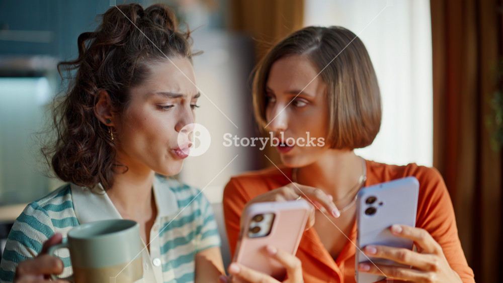 Two girlfriends reading sms holding cellphones at morning kitchen closeup. Couple women watching smartphones at domestic breakfast. Positive
