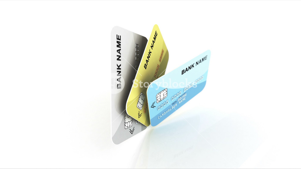 Impressive 3d rendering of bank cards of golden, blue and gray colors, which spin around and advertise three banks in the white background