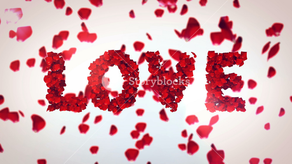 Romantic 3D rendering of the petals of red roses, being in the center in the shape of LOVE word. The other red petals fly down in the white background and create an emotional and happy mood.