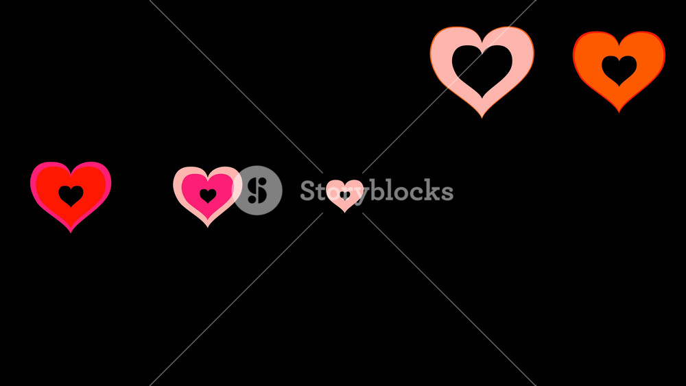 Heartwarming 3d rendering of fifteen love hearts of white, red, orange, and pink colors,pulsing, appearing and dissapearing in the black background. The animation looks appealing. Matte Channel.