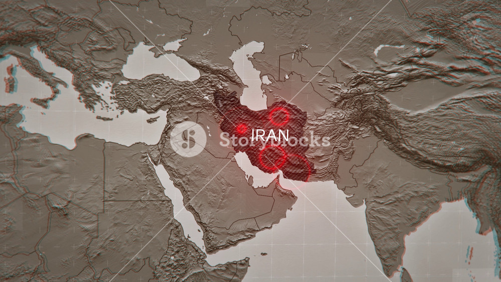 Military map of Iran showing airstrikes and military actions. Visual representation of conflict zones and strategic targets. Suitable for news reports, defense analysis, and geopolitical coverage.