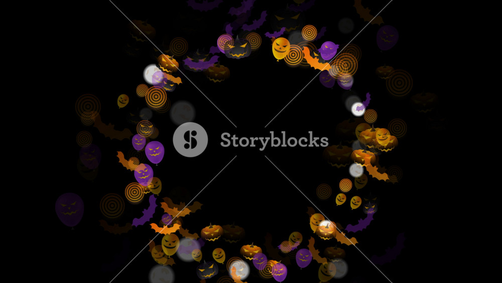 Abstract circle made of bright Halloween symbols holiday background. Jack-o-lantern pumpkin, full moon, bat and balloons. Seamless looping motion design. Video animation Ultra HD 4K 3840x2160