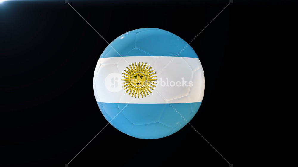 Football with flag of Argentina, soccer ball with Argentinian flag, sports equipment rotating on black background, 3D animation