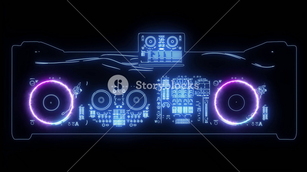 Dj Turntables With Sound Mixers And Recording Audio Equipment Disc Jockey Music Instrument In Blue And Purple Neon Colors Top View Loop