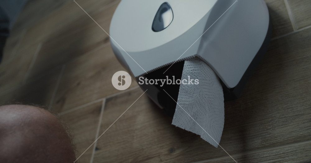 Close Up Shot of Man Unrolling and Taking Toilet Paper, Sitting on Toilet. Businessman Feeling Relaxed or Suffering from Stomach Disorder in