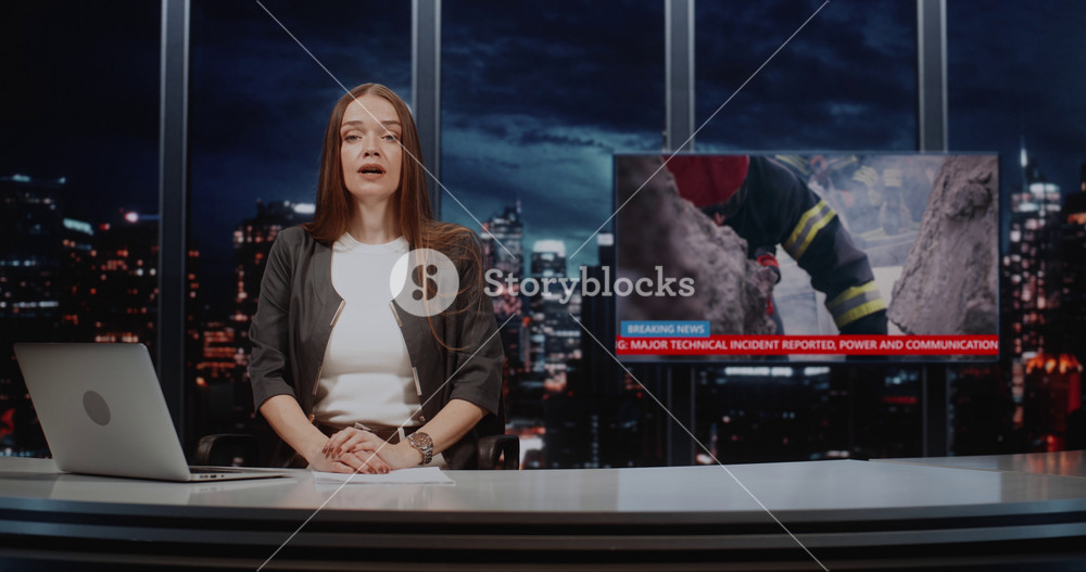 Female News Sits to Side of Digital Screen in TV Studio, Reporting Live on Breaking News Emergency. Screen Displays of Emergency Rescuers