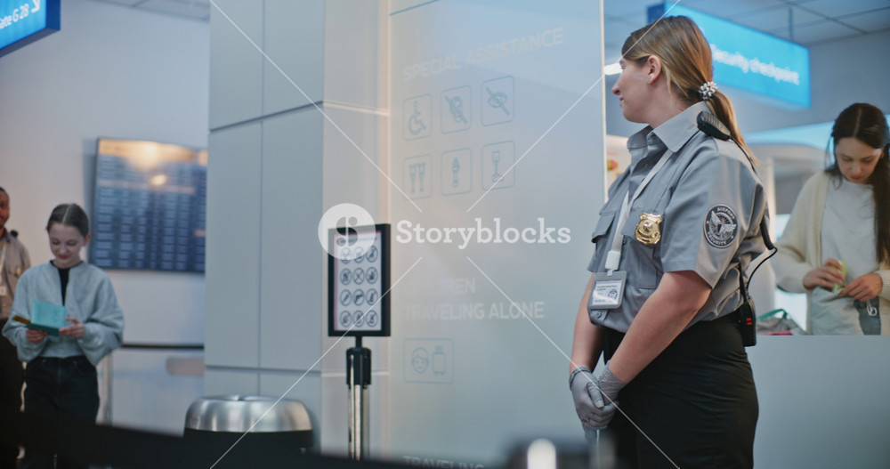 Security Worker Walks with Teen Girl to Security Checkpoint in Airport Terminal for Screening Procedures. Female TSA Officer Checks Girl For