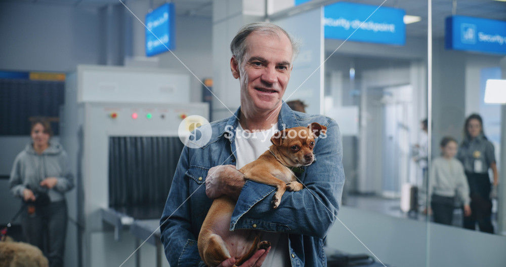 Airport Terminal: Portrait of Mature Man Holding Chihuahua Dog in Hands, Smiling and Looking at Camera. In the Background, TSA Screening