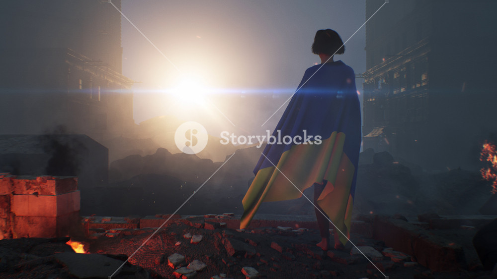 3D render of a woman wrapped in the Ukrainian flag stands on the burning ruins of the city after the bombing at dawn