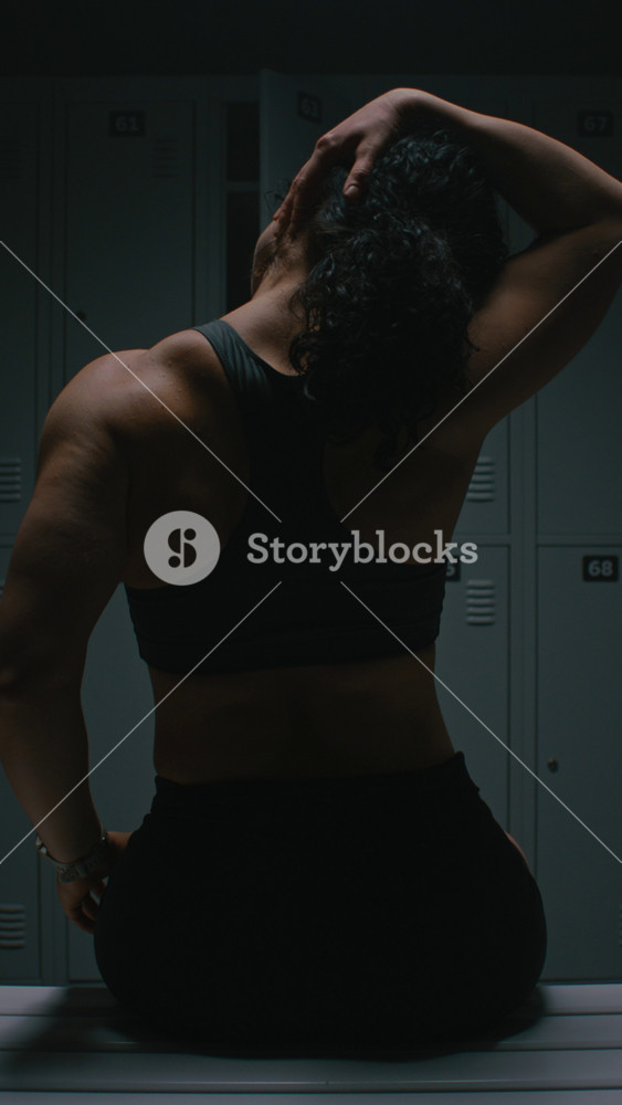 Sportswoman Focusing on Physical Well Being. Female Stretching Neck and Arms, Releasing Tension Among Rows of Lockers. Wellness, Body