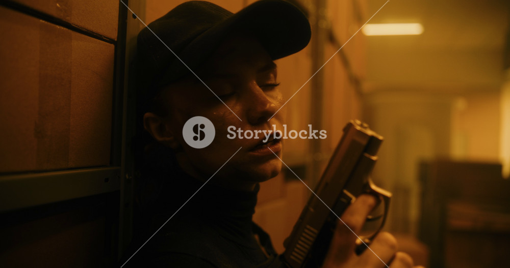 Close Up of Female Secret Agent in Tactical Gear Hiding Behind Cover, Holding a Pistol, Talking to Killer. Officer Preparing to Attack