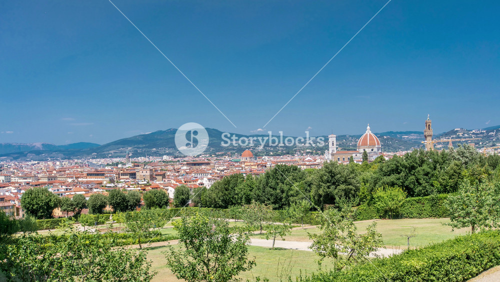 Beautiful landscape above timelapse, panorama on historical view of the Florence from Boboli Gardens Giardino di Boboli point. Italy.