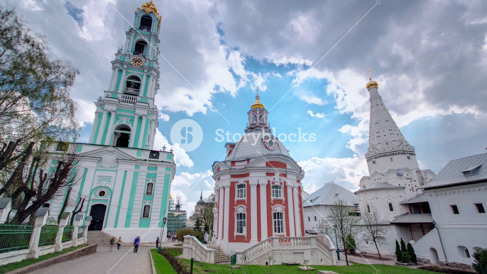 Great monasteries of Russia timelapse. The Trinity-Sergius Lavra. The tomb of Russian tsar Boris Godunov. View to court. Blue cloudy sky