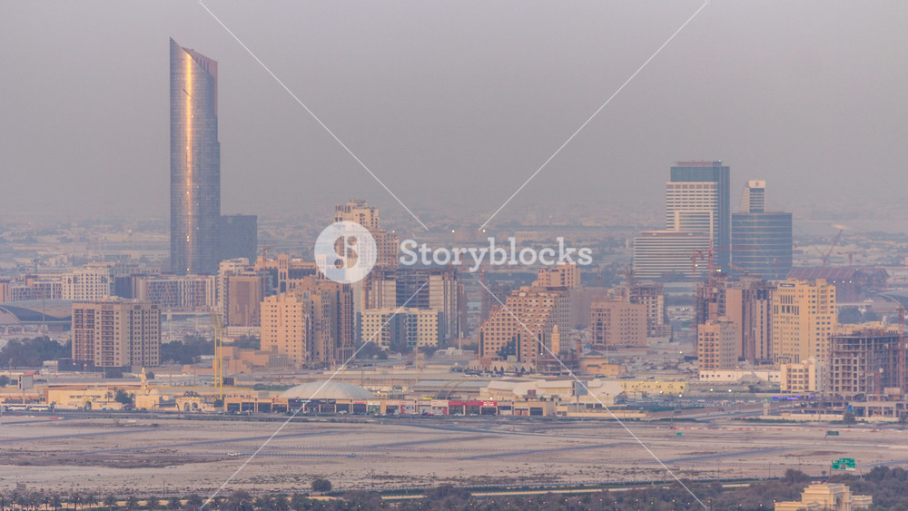 Aerial view to Festival city district timelapse includes apartments, hotels, shopping centers and entertainment places