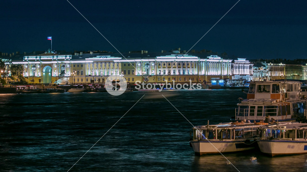 Building of the Russian constitutional court timelapse, Monument to Peter I, building of library of a name of Boris Yeltsin, night illumination. Russia, Saint-Petersburg